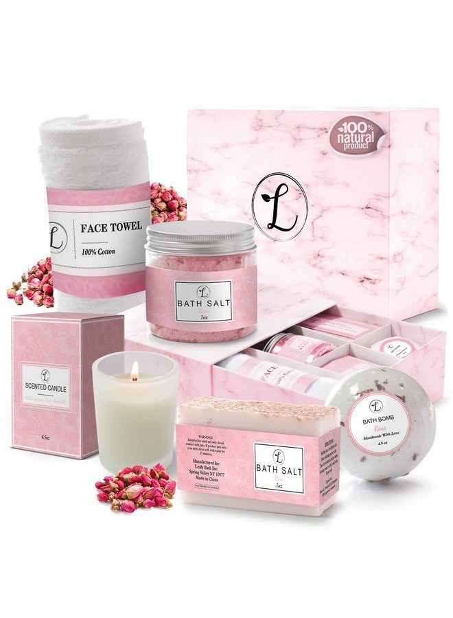 envizins Spa Gift Set 100% Natural Gift Box Includes: Bath Bomb Bath Salt Hand Soap Scented Candle Face Cloth And Gift Box. Best Gift For Her. (Rose) - Image 1