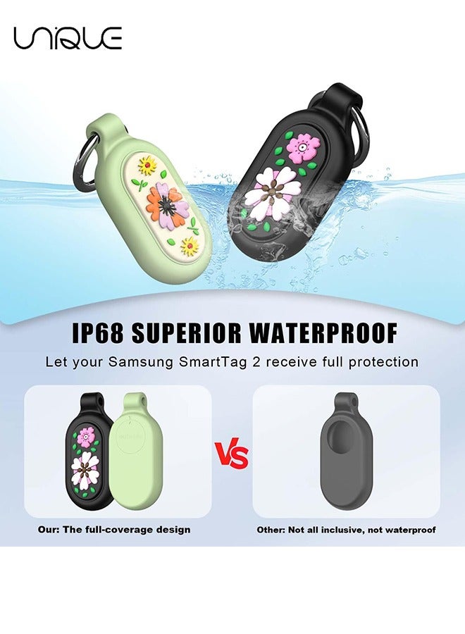 Unique 2 Pack - for Samsung Galaxy SmartTag 2 Floral Pattern Cover - Waterproof Full Protective Silicone Case Anti-Lost Scratch Resistant Protective Cover for Galaxy SmartTag 2 Case for Keys Pets Luggage Wallet (Black+Green) - Image 4