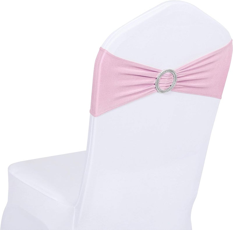 Obstal 10 PCS Spandex Stretch Chair Sashes Bows for Wedding Reception- Universal Elastic Chair Cover Bands with Buckle Slider for Banquet, Party, Hotel Event Decorations Light Pink Sashes - Image 1