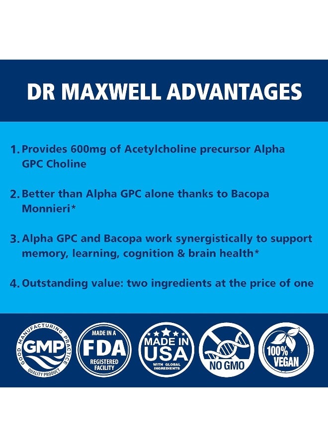 Dr. Maxwell Acetylcholine, Alpha GPC Choline 600mg + Bacopa, Better Than Each Alone. More Reliable Acetylcholine (Supports Memory & Learning) Supplement, 60 Capsules - Image 3