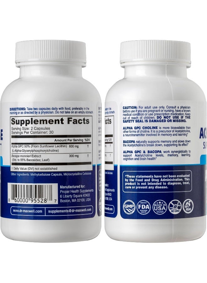 Dr. Maxwell Acetylcholine, Alpha GPC Choline 600mg + Bacopa, Better Than Each Alone. More Reliable Acetylcholine (Supports Memory & Learning) Supplement, 60 Capsules - Image 2