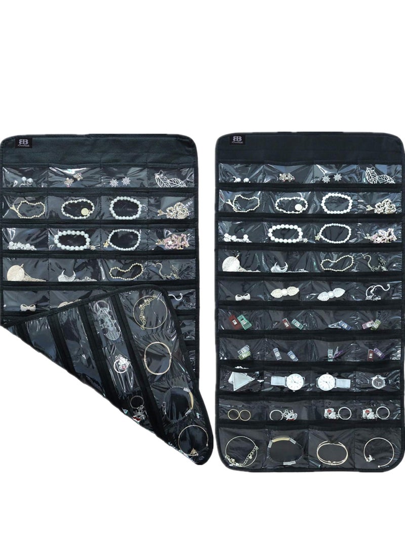 2pcs Hanging Jewelry Organizer,80 Pockets Dual-Sided Non-Woven Transparent Foldable Organizers for Closet,Women Girl Storage Bag for Earrings Necklace Bracelet Ring Accessory  - Image 1