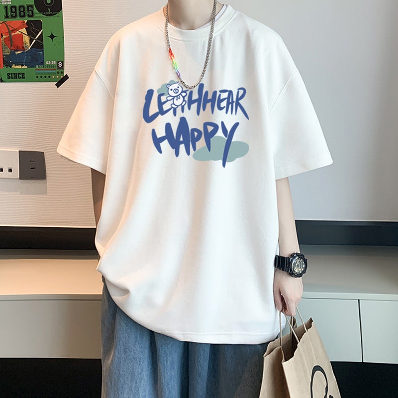 2024 Summer Short-sleeved T-shirt Mens Loose Trendy Ins Hong Kong Style All-match T-shirt Top Plus Size Half-sleeve Top for Chubby White T128LE bear 
