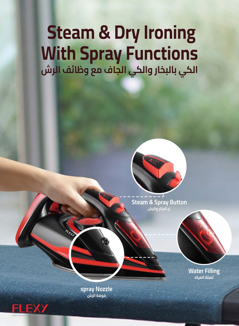 Flexy FLEXY STEAM IRON: 2000-2300W, ceramic soleplate, big soleplate, vertical steam, burst steam, self-clean, variable temperature, safety features, spray functions, 2-year warranty.  - Image 4