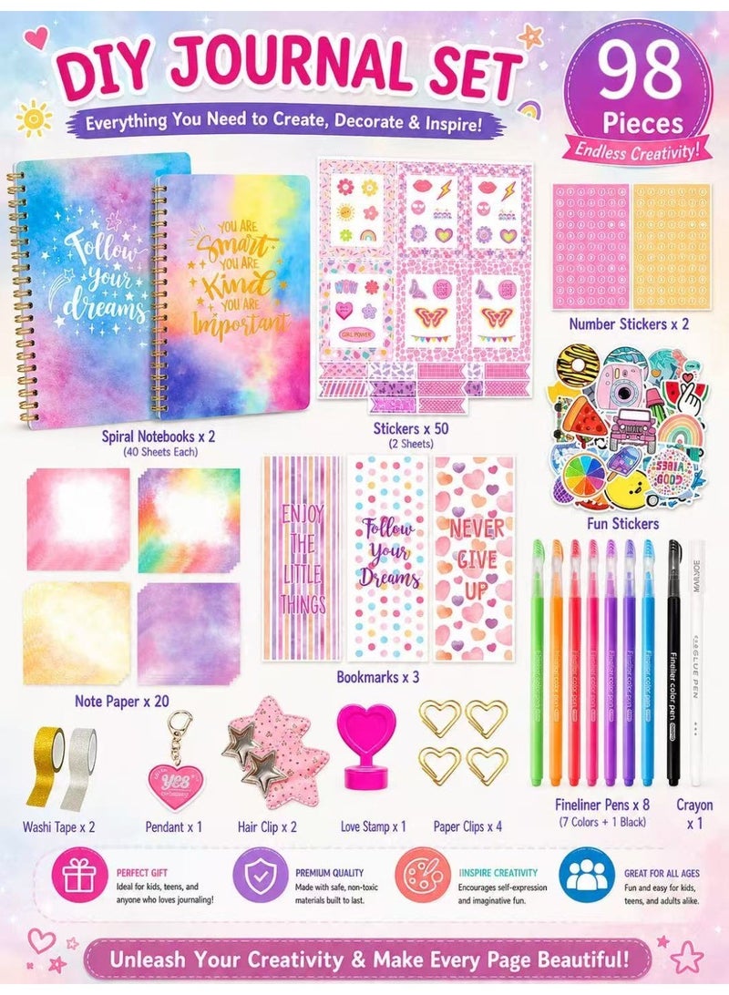 Prime Choice Back to School  DIY Journal Kit – Diary New Set with 2 Notebooks, Stickers, Washi Tapes, Clips, Pens & Accessories – Creative Scrapbook & Stationery Craft Box for Kids Age 4+ – Perfect Gift for Girls & Boys - Image 5