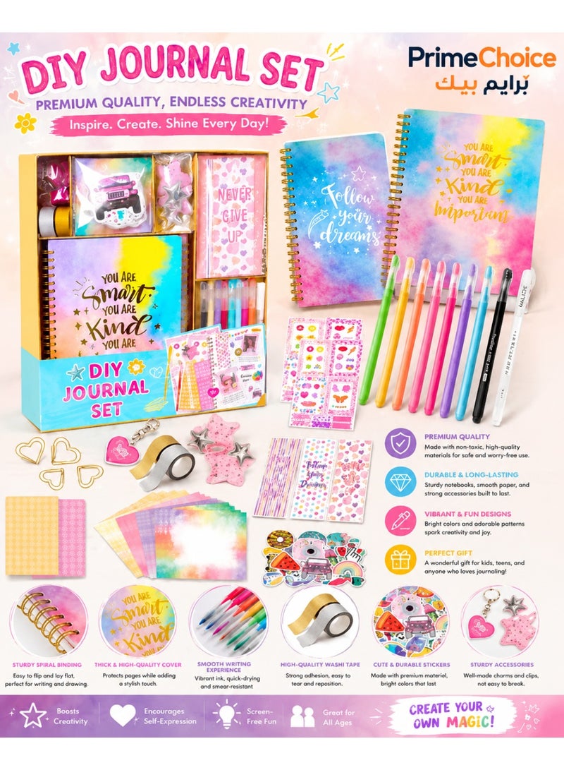 Prime Choice Back to School  DIY Journal Kit – Diary New Set with 2 Notebooks, Stickers, Washi Tapes, Clips, Pens & Accessories – Creative Scrapbook & Stationery Craft Box for Kids Age 4+ – Perfect Gift for Girls & Boys - Image 1