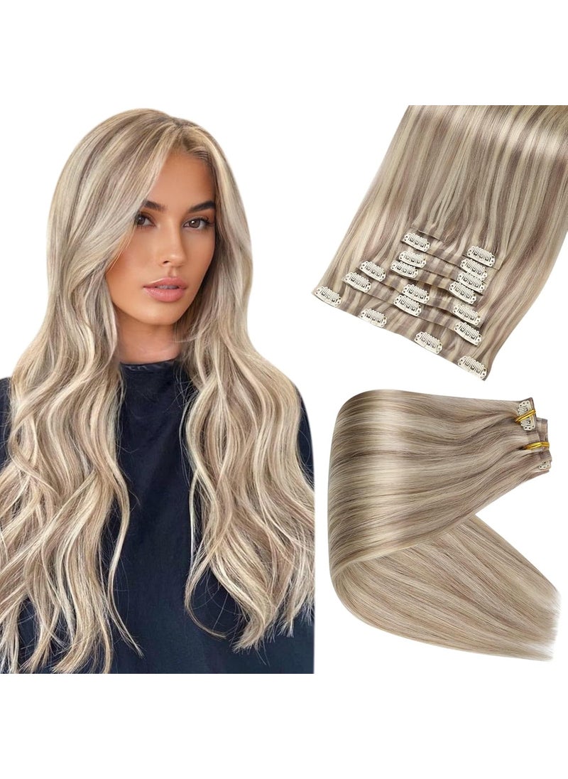 Full Shine Full Shine Clip in Human Hair Extensions Highlights Blonde 20 Inch Long Ash Blonde Clip in Hair Extensions Ash Blonde Mix Bleach Blonde Pu Clip in Extensions Real Human Hair 8 Pcs 120 Grams 