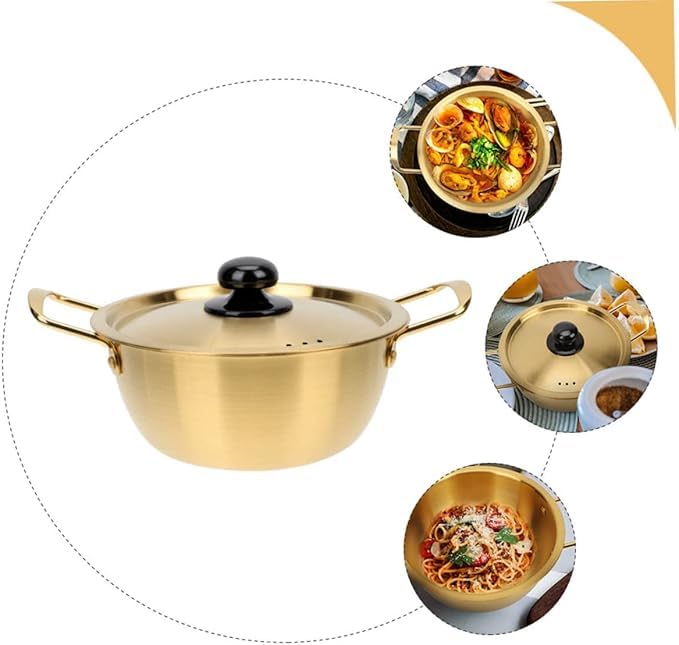 Kruvad وعاء نودلز فوري من كروفاد - طباخ أرز من الفخار مع غطاء من الفولاذ المقاوم للصدأ باللون الذهبي مع غطاء بلون نحاسي - وعاء رامين بتشطيب ذهبي مع غطاء مطبخ تقليدي هندي مطروق - Image 4