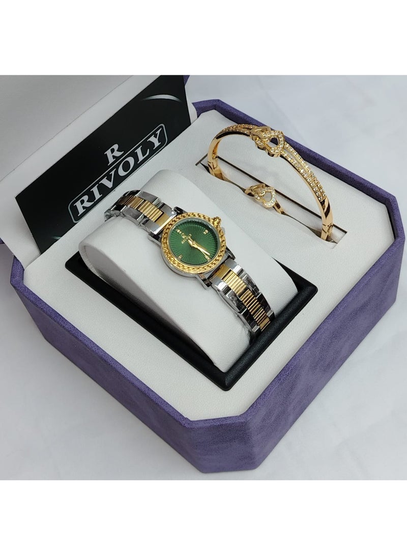 ريفولي طقم نسائي راقٍ بساعة بتصميم فاخر على شكل قطرة، مرصعة بالكريستال مع سوار أنيق يعكس لمسة فخامة وجاذبية