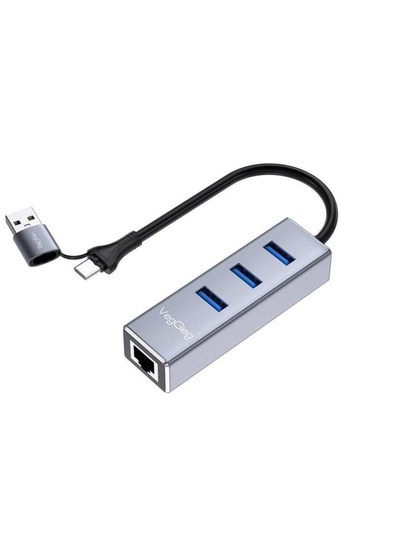 محول USB C إلى إيثرنت YICORPS مع 3 منافذ USB 3.0 Hub إلى RJ45 LAN مع محول إيثرنت جيجابت لــ MacBook/Windows 10/8.1/Surface Pro/Chromebook/Linux وأكثر من ذلك من أجهزة الكمبيوتر المحمولة - Image 1