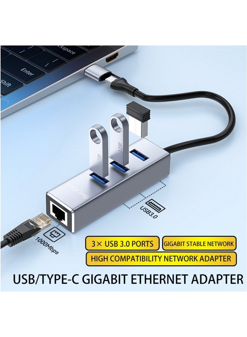 محول USB C إلى إيثرنت YICORPS مع 3 منافذ USB 3.0 Hub إلى RJ45 LAN مع محول إيثرنت جيجابت لــ MacBook/Windows 10/8.1/Surface Pro/Chromebook/Linux وأكثر من ذلك من أجهزة الكمبيوتر المحمولة - Image 2