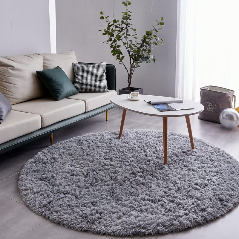 FJZFING Grey Round Rug Ultra-Soft Plush Modern 6x6 Circle Area Rug for Kid's Bedroom, Fluffy Shag Circular Rug for Nursery Room, Non-Slip Home Decor Cute Grey Carpet for Teen's Room - Image 2