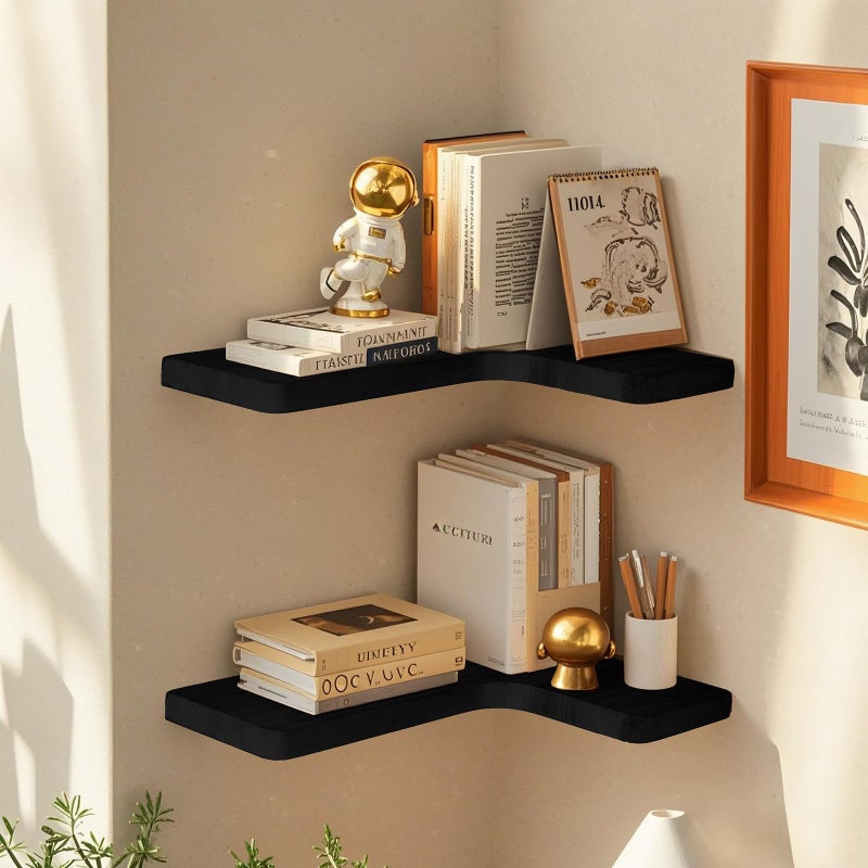 jubilander Floating Corner Shelves Set of 3, Solid Wood Picture Wall Shelf, Floating Shelves for Storage for Bedroom Kitchen Bathroom Living Room (Black) - Image 5