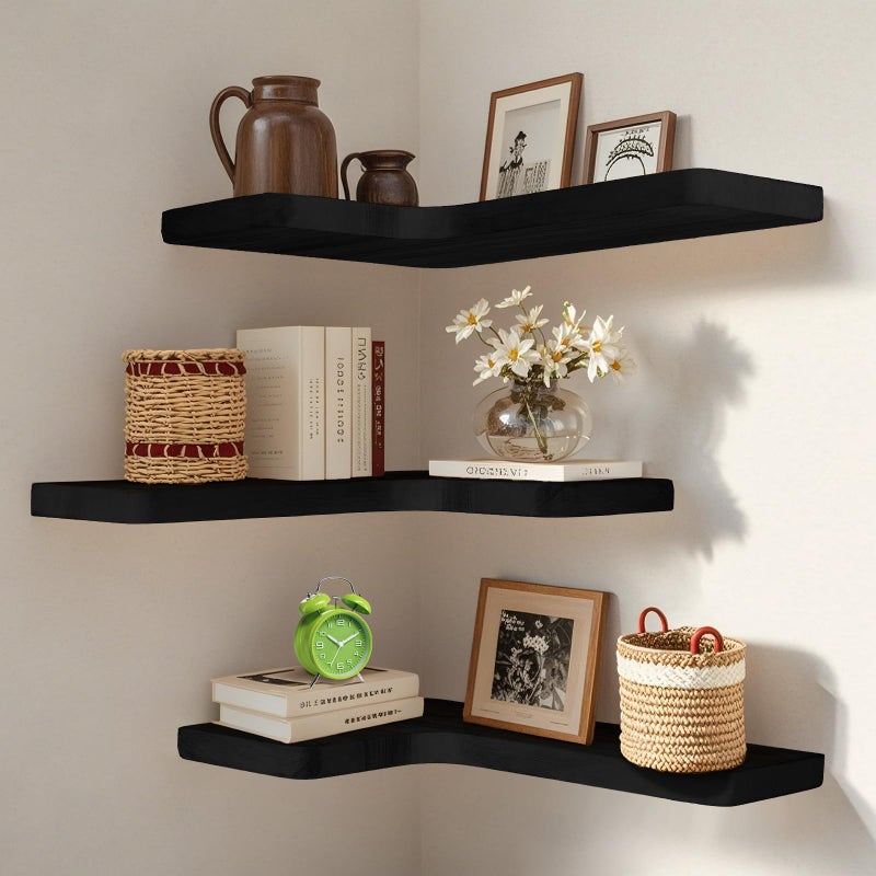 jubilander Floating Corner Shelves Set of 3, Solid Wood Picture Wall Shelf, Floating Shelves for Storage for Bedroom Kitchen Bathroom Living Room (Black) - Image 1