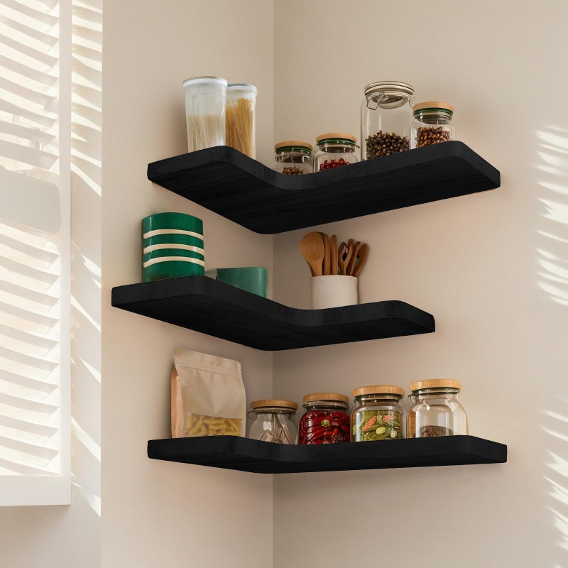 jubilander Floating Corner Shelves Set of 3, Solid Wood Picture Wall Shelf, Floating Shelves for Storage for Bedroom Kitchen Bathroom Living Room (Black) - Image 4