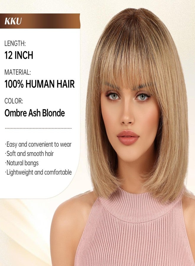 KKU Ombre Ash Blonde Human Hair Wigs for Women, Real Hair Wigs for Women, Human Hair Wig with Bangs - Image 2