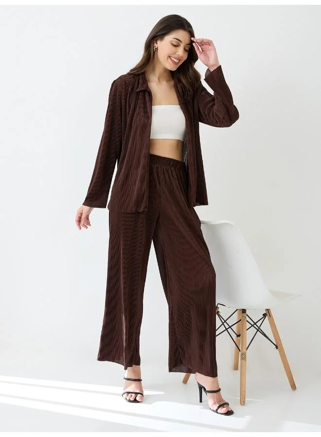 Globus Women Accordion Pleats Shirt With Elasticated Wide-Leg Trousers Plisse Co-Ord Set