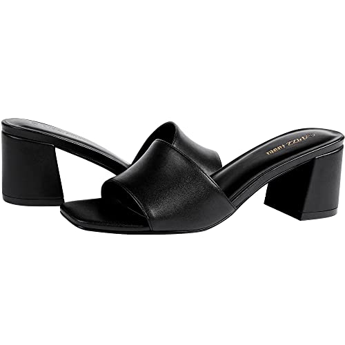 PIZZ ANNU Women's Square Open Toe Heels Sandals Low Block Chunky Heeled Sandal Slip on Mules Comfortable Casual Dress Pumps Shoes, Black 8 - Image 2
