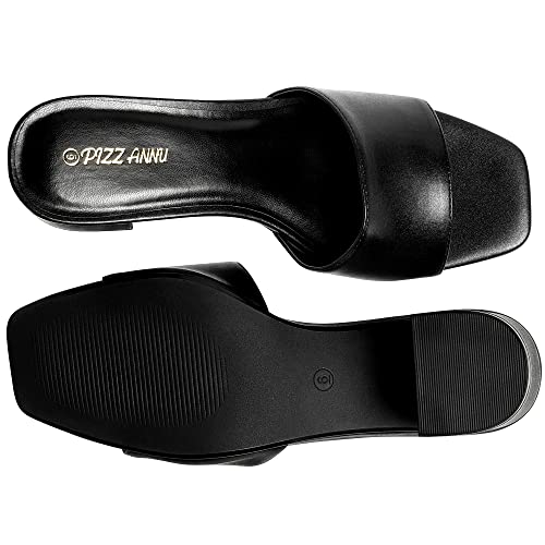 PIZZ ANNU Women's Square Open Toe Heels Sandals Low Block Chunky Heeled Sandal Slip on Mules Comfortable Casual Dress Pumps Shoes, Black 8 - Image 3