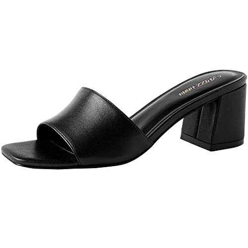PIZZ ANNU Women's Square Open Toe Heels Sandals Low Block Chunky Heeled Sandal Slip on Mules Comfortable Casual Dress Pumps Shoes, Black 8 - Image 1