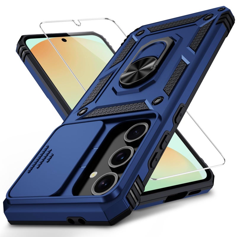 Weycolor for Samsung Galaxy S25 Case with Camera Lens Cover, HD Screen Protector, 10 FT Military Grade Drop Protection, Magnetic Ring Holder Kickstand Protective Phone Case, Navy Blue - Image 1
