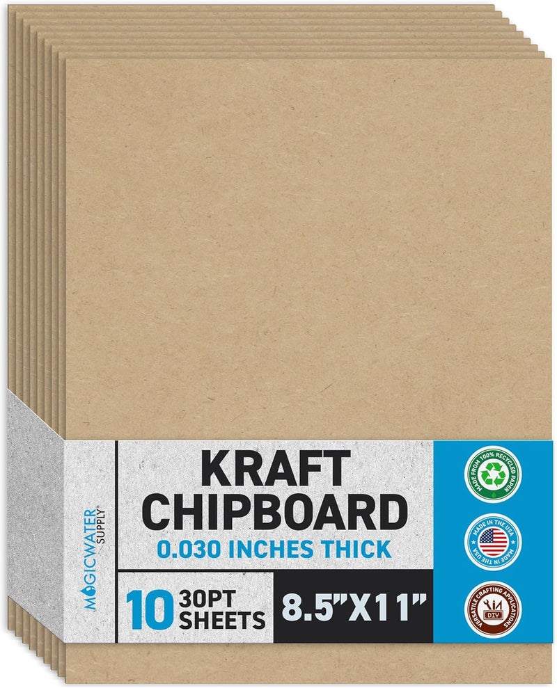 MagicWater Supply MagicWater Chipboard Sheet for DIY Projects - 8.5x11 Inch - 10 Pack - 30 pt - Heavy Duty Kraft (0.030 Inch Thick) Paperboard, for Scrapbooking, Books, Picture Frame Backing, Arts Project & Crafts - Image 1