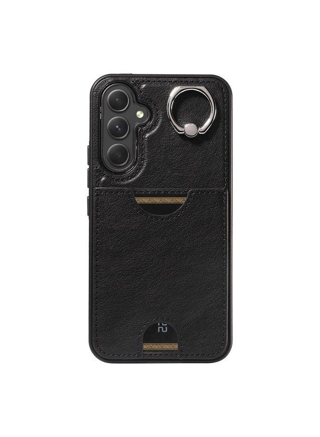 Case Cover For Samsung Galaxy A54 5G Calf Texture Card Slot Ring Holder Phone Case(Black)