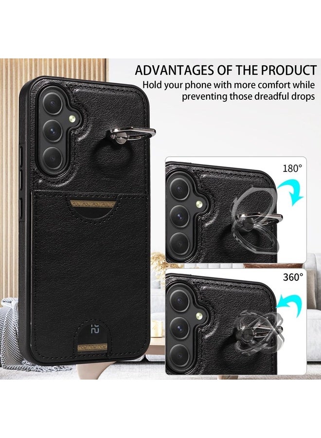 Case Cover For Samsung Galaxy A54 5G Calf Texture Card Slot Ring Holder Phone Case(Black)