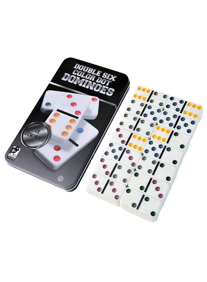 VGRASSP Double Six Color Dot Design Dominos for Kids - Set of 28 - Comes with a Metal Tin Case - Image 1