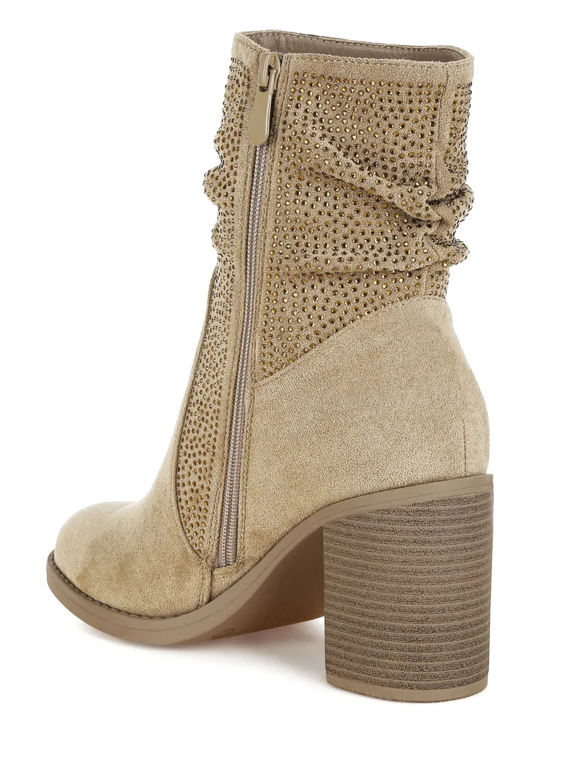 London Rag Rhinestone Studded Slouchy Ankle Boots in Beige