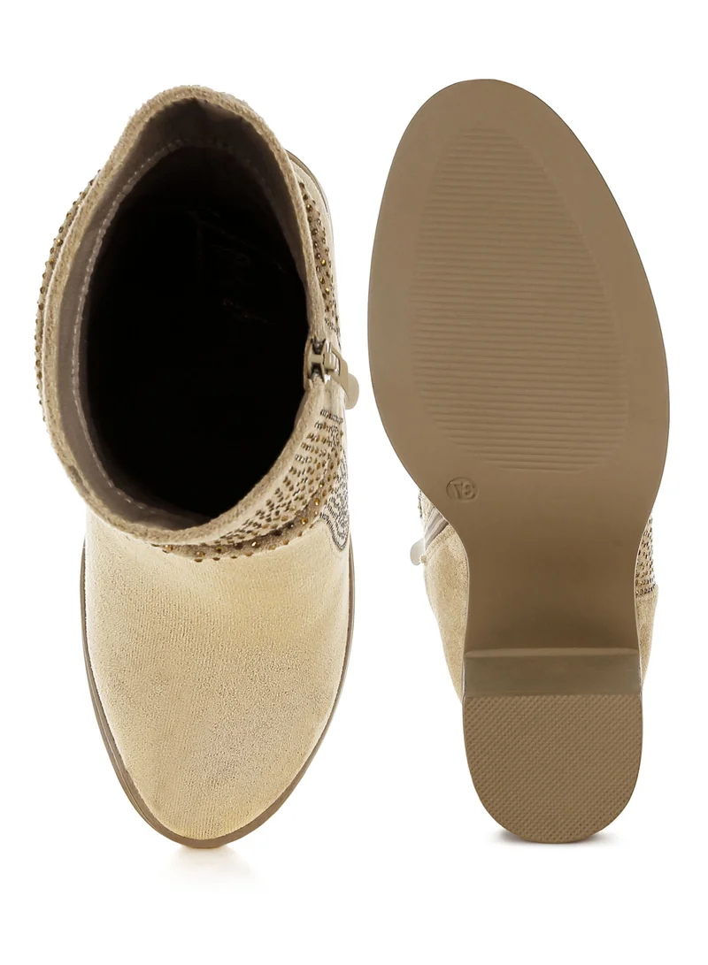 London Rag Rhinestone Studded Slouchy Ankle Boots in Beige