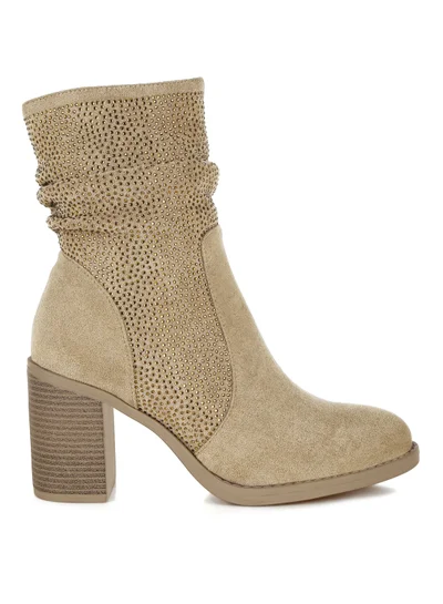 London Rag Rhinestone Studded Slouchy Ankle Boots in Beige