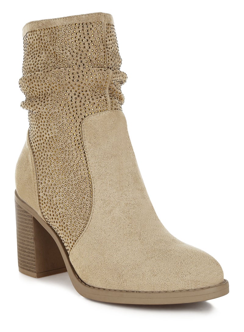 London Rag Rhinestone Studded Slouchy Ankle Boots in Beige - Image 3