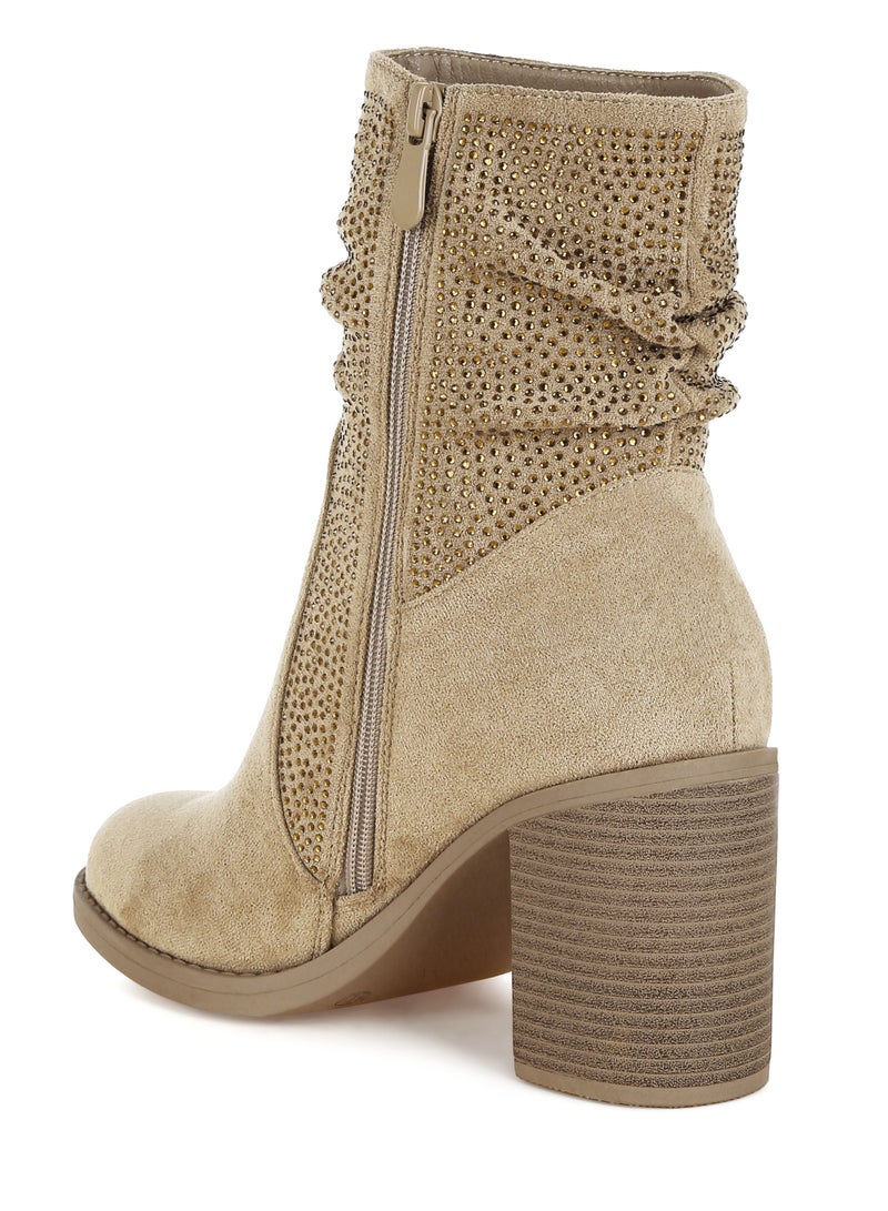 London Rag Rhinestone Studded Slouchy Ankle Boots in Beige - Image 4