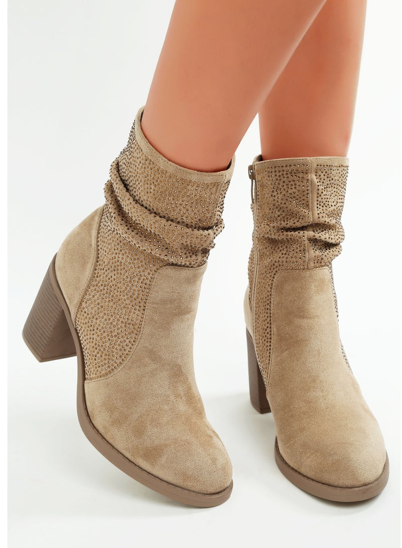 London Rag Rhinestone Studded Slouchy Ankle Boots in Beige - Image 2
