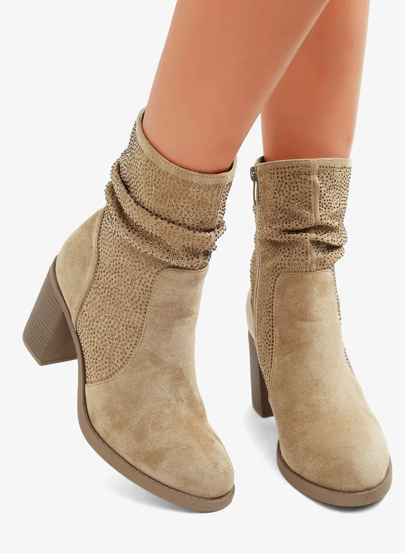 London Rag Rhinestone Studded Slouchy Ankle Boots in Beige