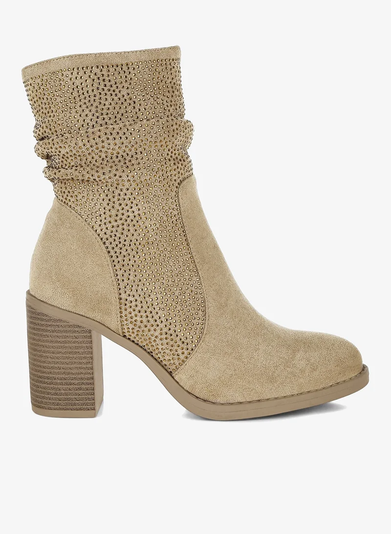Rhinestone Studded Slouchy Ankle Boots in Beige