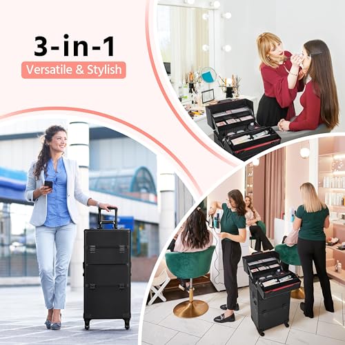 Yaheetech Makeup Train Case 3 in 1 Professional Cosmetic Trolley MultiFunctional Organizers Large Storage Traveling Cart Trunk for Nail Tech Black - Image 5