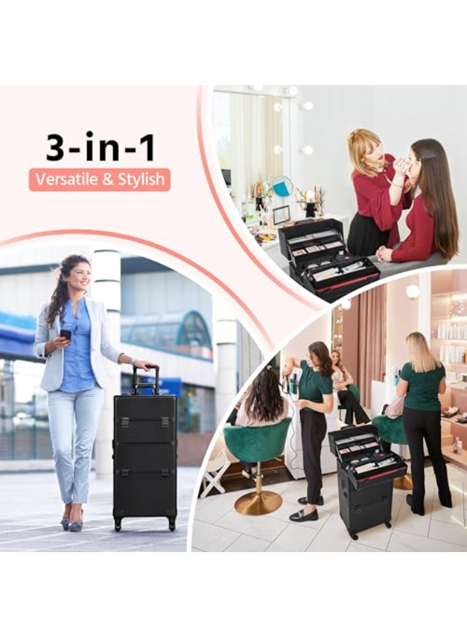 Yaheetech Makeup Train Case 3 in 1 Professional Cosmetic Trolley MultiFunctional Organizers Large Storage Traveling Cart Trunk for Nail Tech Black - Image 4