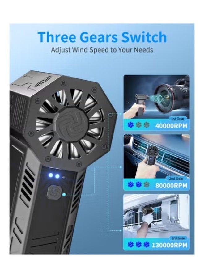 سناجل منفاخ هواء كهربائي توربو نفاث، 130,000 دورة في الدقيقة، لاسلكي، قابل لإعادة الشحن، صغير الحجم، مزود بثلاث سرعات للتحكم في تنظيف الكمبيوتر، ولوحة المفاتيح، والسيارة، والمنزل - Image 2