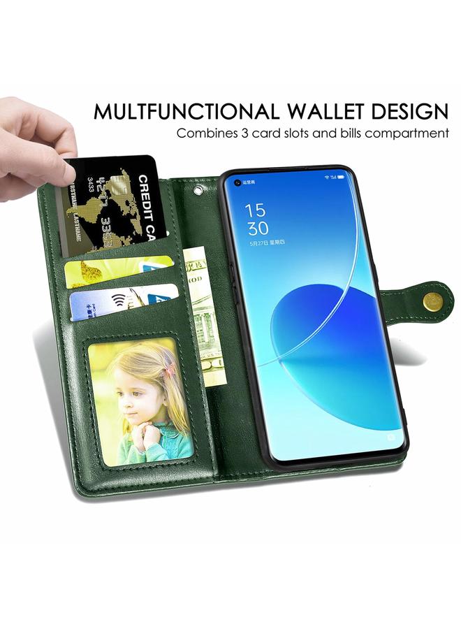 اس-توب جراب لهاتف OPPO Reno6 Pro + جراب هاتف من الجلد بلون سادة مع حزام وإطار للصور وفتحة للبطاقات ومحفظة ووظيفة الحامل - Image 5