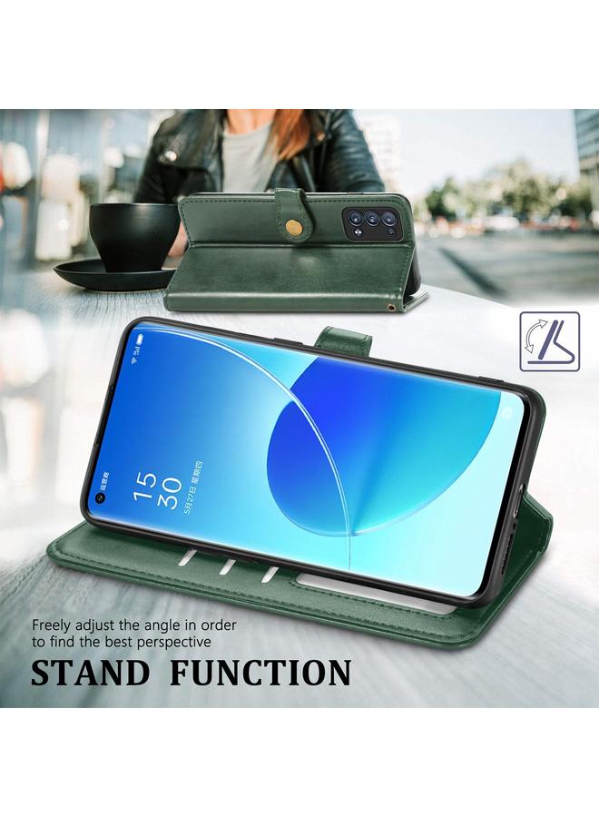 اس-توب جراب لهاتف OPPO Reno6 Pro + جراب هاتف من الجلد بلون سادة مع حزام وإطار للصور وفتحة للبطاقات ومحفظة ووظيفة الحامل - Image 4