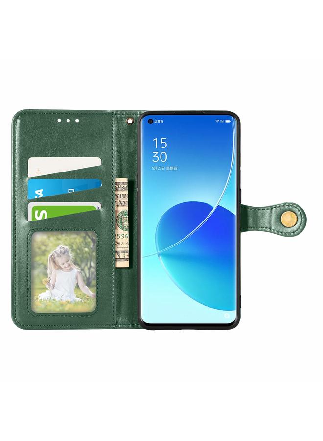 اس-توب جراب لهاتف OPPO Reno6 Pro + جراب هاتف من الجلد بلون سادة مع حزام وإطار للصور وفتحة للبطاقات ومحفظة ووظيفة الحامل - Image 3