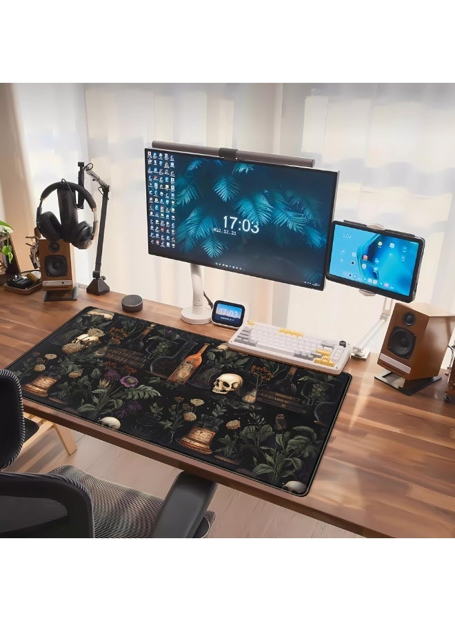 Vintage Aesthetic XL Extended Large Gaming Mouse Pad - Black Academia Mystical Green Plant Design - Computer Laptop Keyboard and Mouse Mat Desktop Protector - 70 x 30 cm