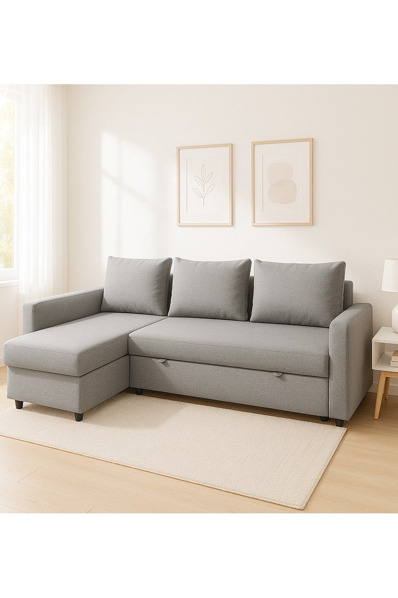 كرنك سرير أريكة عصري على شكل حرف L مع مساحة تخزين - أريكة قابلة للتحويل إلى سرير مع كرسي استرخاء - تصميم موفر للمساحة، تنجيد من القماش باللون الرمادي - Image 1