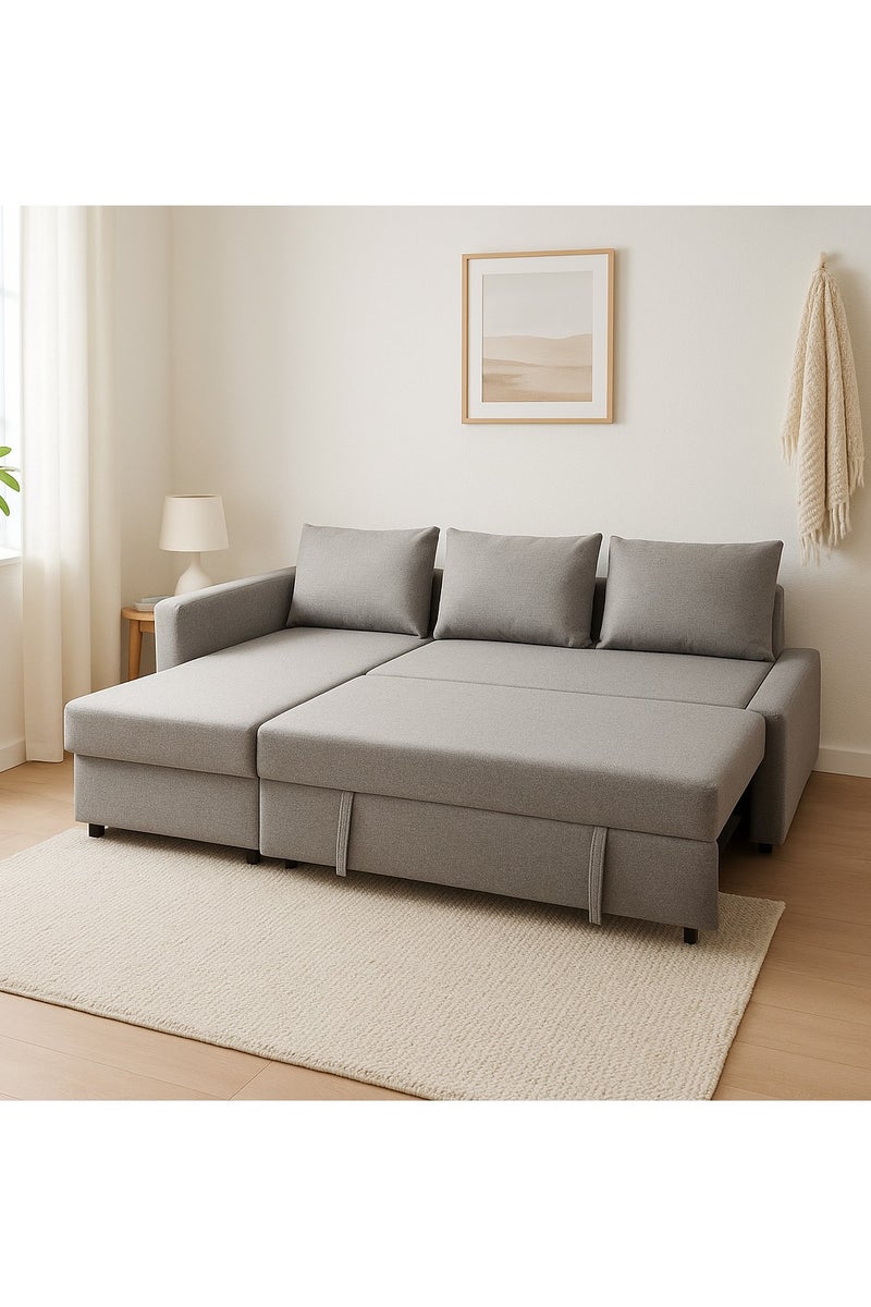 كرنك سرير أريكة عصري على شكل حرف L مع مساحة تخزين - أريكة قابلة للتحويل إلى سرير مع كرسي استرخاء - تصميم موفر للمساحة، تنجيد من القماش باللون الرمادي - Image 2