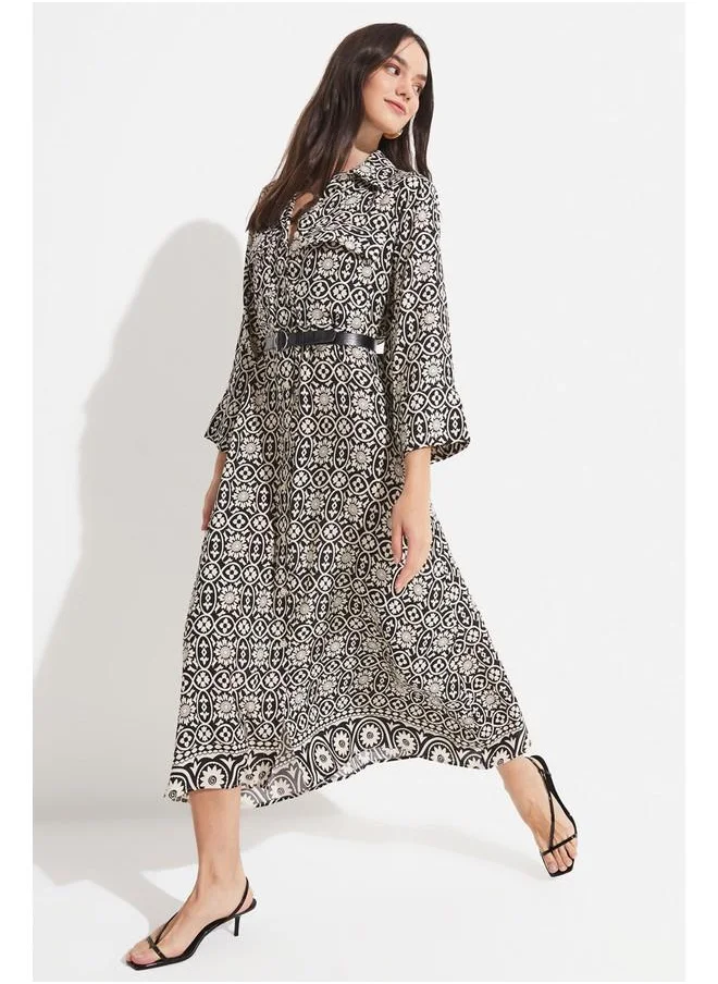 JUNE June Women Patterned 100% Viscose Maxi Shirt Dress Black