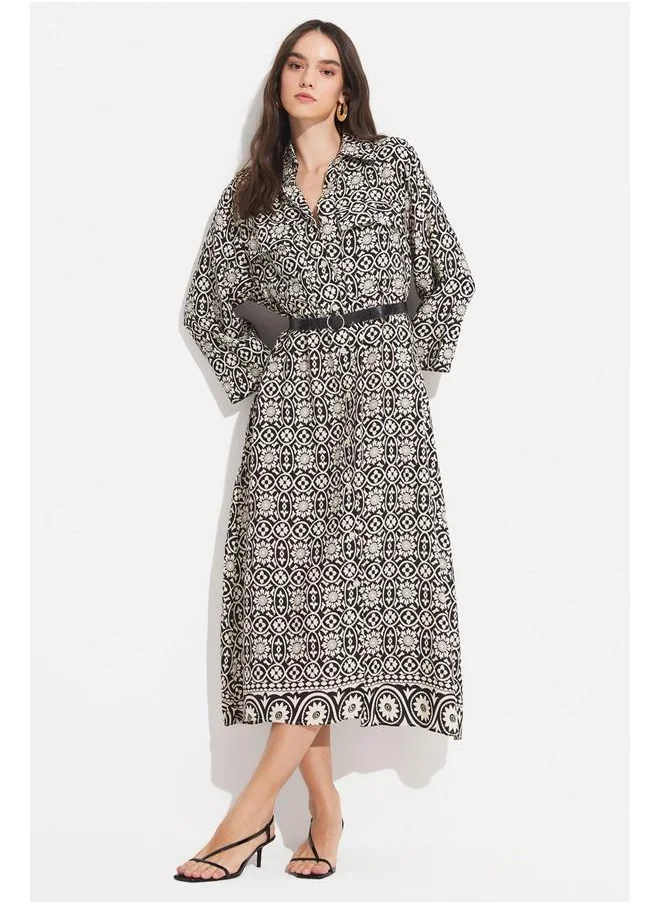 JUNE June Women Patterned 100% Viscose Maxi Shirt Dress Black