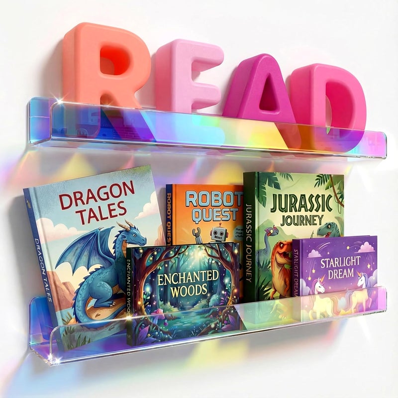 RORKIM 24 بوصة رف كتب أكريليك قوس قزح للأطفال، أرفف كتب عرض حائطية للأطفال لغرفة الأطفال والحضانة والفصول الدراسية (حزمتان) - Image 1