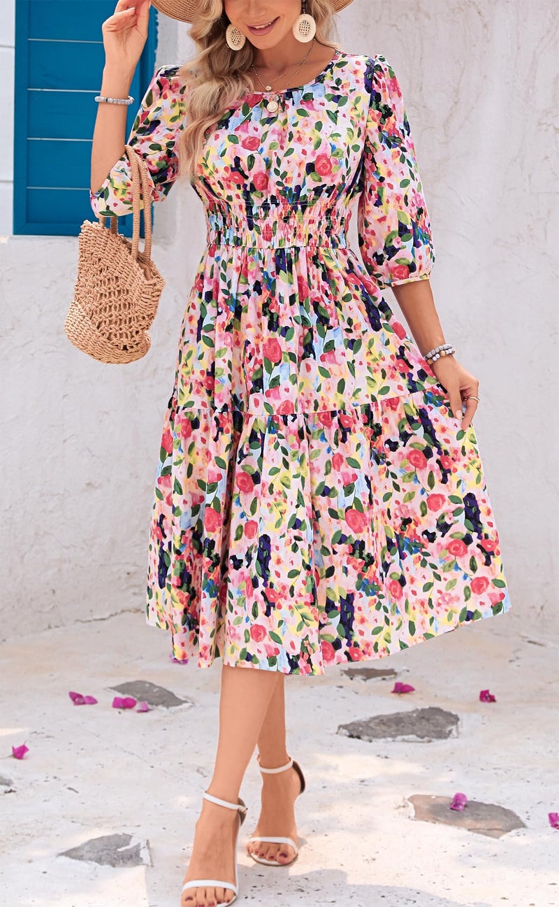 Kormei Women Summer Casual Boho Floral Round Neck 3/4 Sleeve Smocked Waist Tiered Flowy Swing Midi Dress XL Red/Blue - Image 3